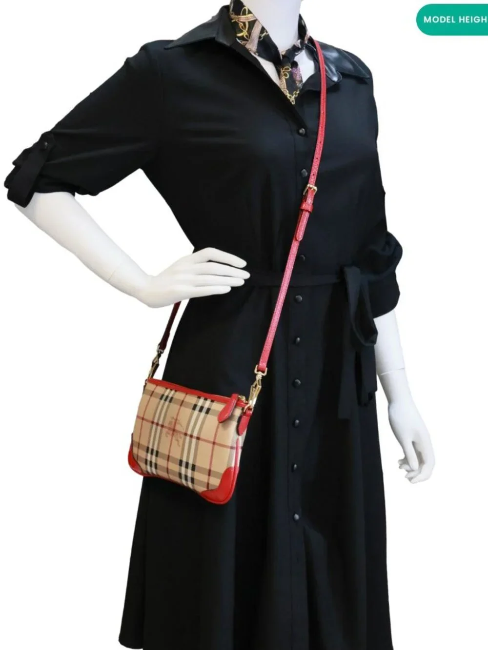 Burberry Peyton Small Haymarket Check Canvas Crossbody Clutch Military Red